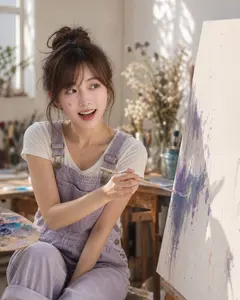 同一位虛擬人物在畫室場景
